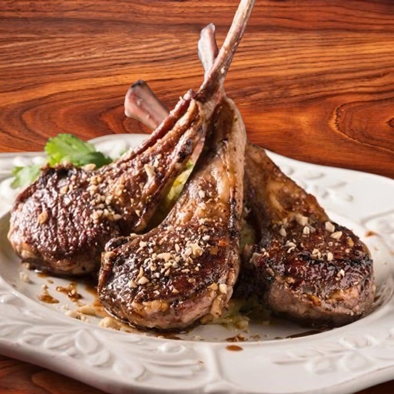 Three grilled lamb chops with crushed nuts and sauce on a white plate against a wooden background.