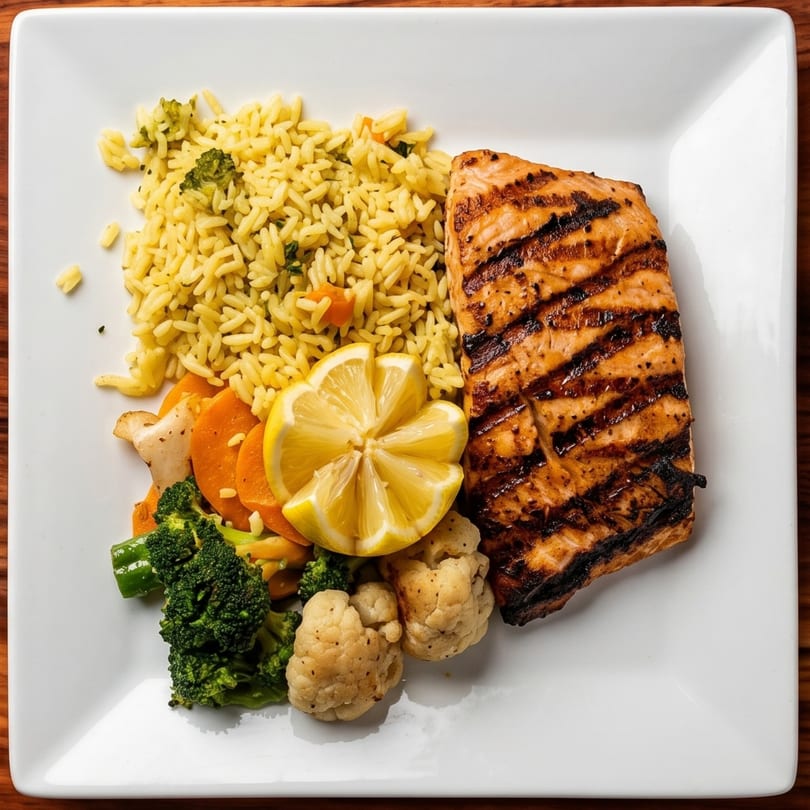 Grilled salmon with rice pilaf, steamed vegetables, and a lemon wedge on a white plate.