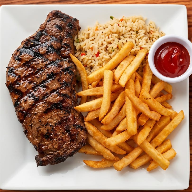 Grilled steak, french fries, rice, and a side of ketchup on a white plate.