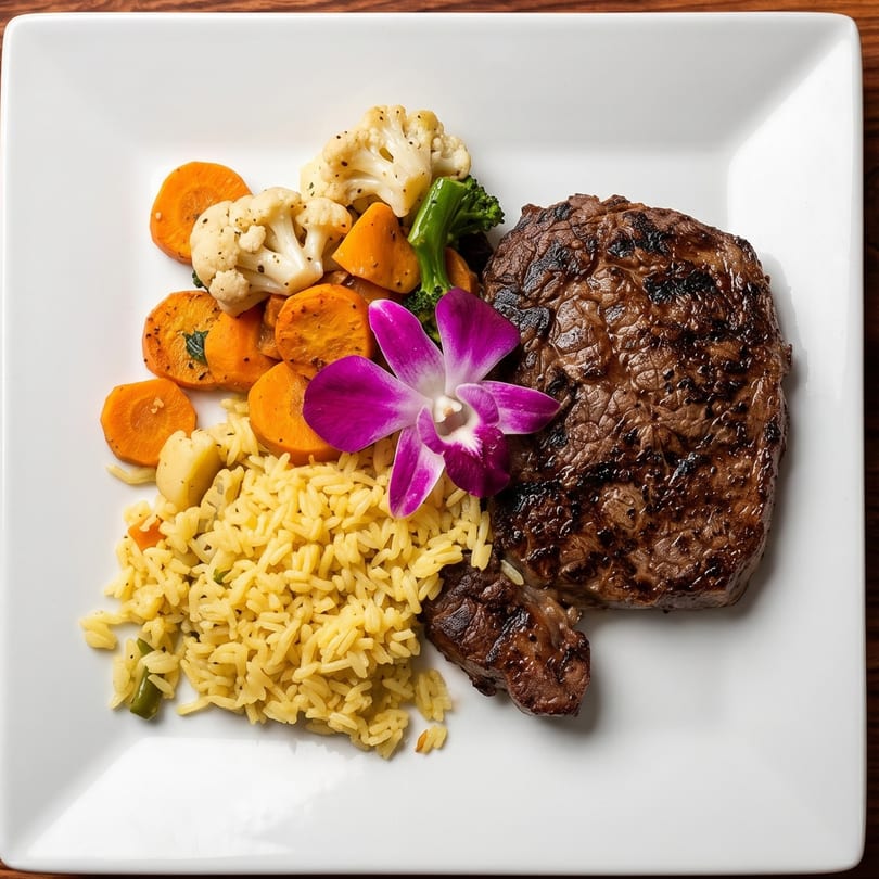 Grilled steak, yellow rice, roasted carrots, cauliflower, and broccoli, garnished with a purple orchid.